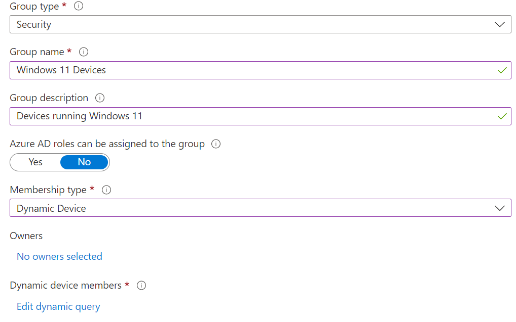 Dynamic Entra ID group for Windows 11 devices – group type and membership rule
